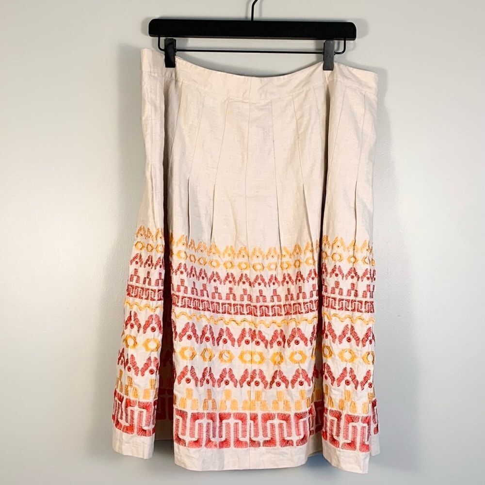 Peter Nygard linen cotton knee length skirt fall colored embroidery size 16